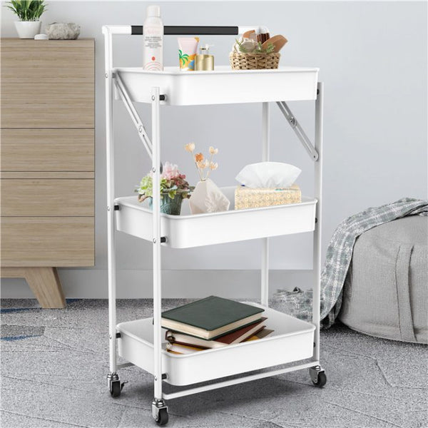 Multi-functional 3 Tier Storage Rolling Cart - Utility Trolley Organizer For Kitchen Bathroom Home Utility (White)