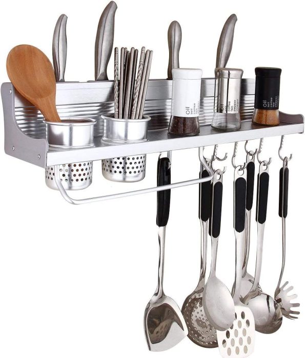 Wall Mounted Aluminium Kitchen Utensils Holder Organizer - Multipurpose Kitchen Organizer Rack Include Spice Rack, Spoon Ladle